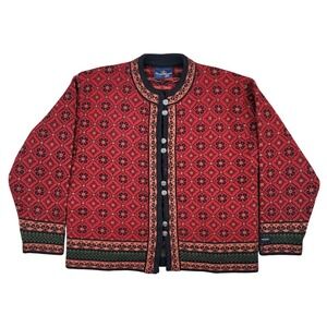 Skjaeveland of Norway Wool Cardigan Sweater Womens Red Nordic Knit
